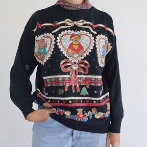 Vintage Nutcracker Black Teddy Bear Lace Heart Ribbon Plaid Holiday SWeater M